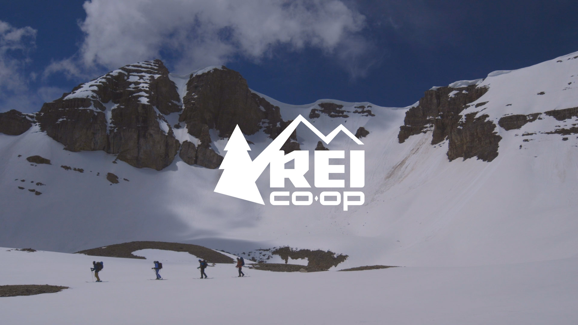 REI logo on top of snow mountain scene